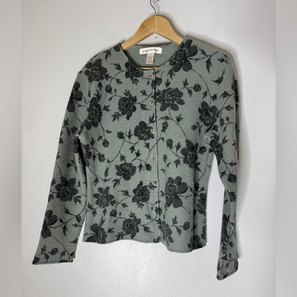 Vintage Jones New York Lambswool Green‎ Floral Button Down Cardigan Sweater Med - Picture 1 of 4